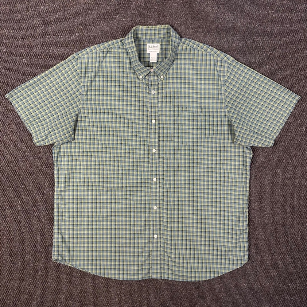 LL Bean Short Sleeve Button Down Shirt Mens XXL Traditional Fit Green Plaid